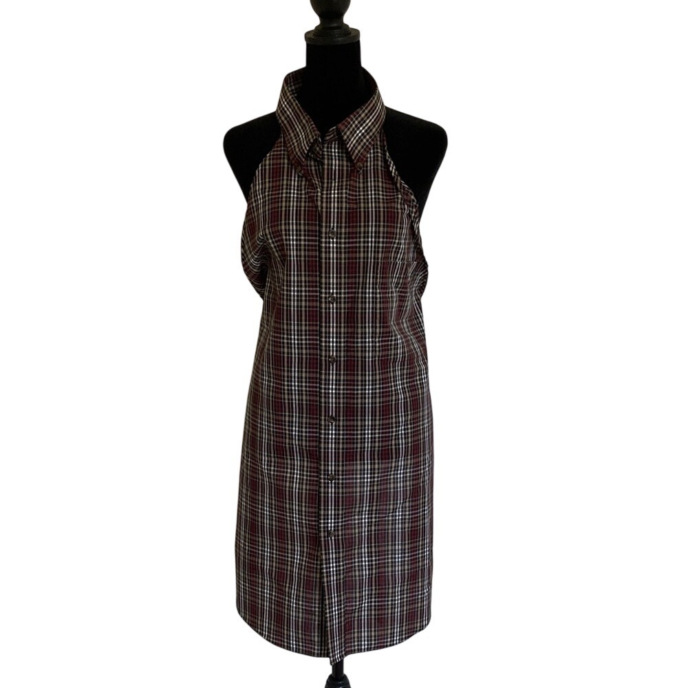 Hand Swen Womens Plaid Sleeveless‎ Button-Up Backless Apron Shirt Size Large